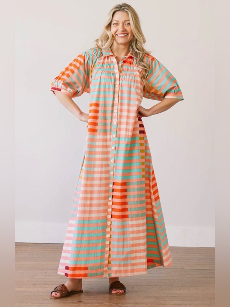 Striped Button-Front Maxi Dress In Coral & Aqua Sunshine Tienda Oasis Nwt